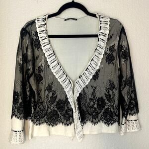 Michael Simon Vintage Cream & Black Lace Grannycore 90's Boho Cardigan, XL